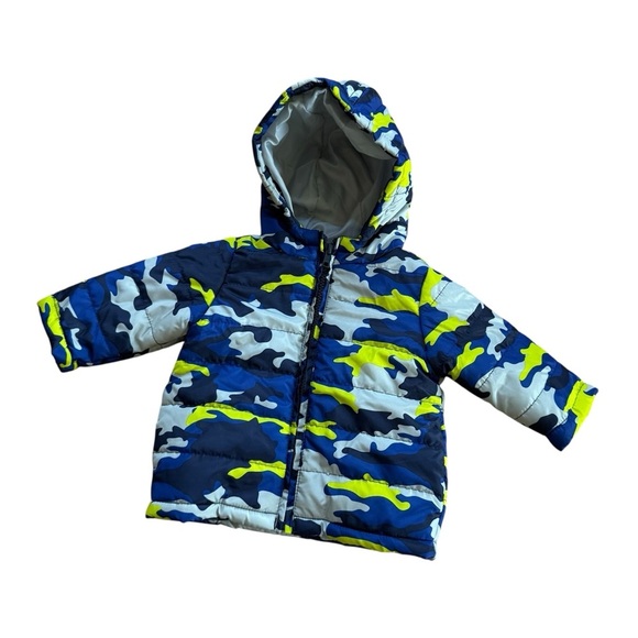 Gymboree Blue Camo Puffer Jacket Coat Hooded Full zip Baby Boy 6-12M - Picture 1 of 6